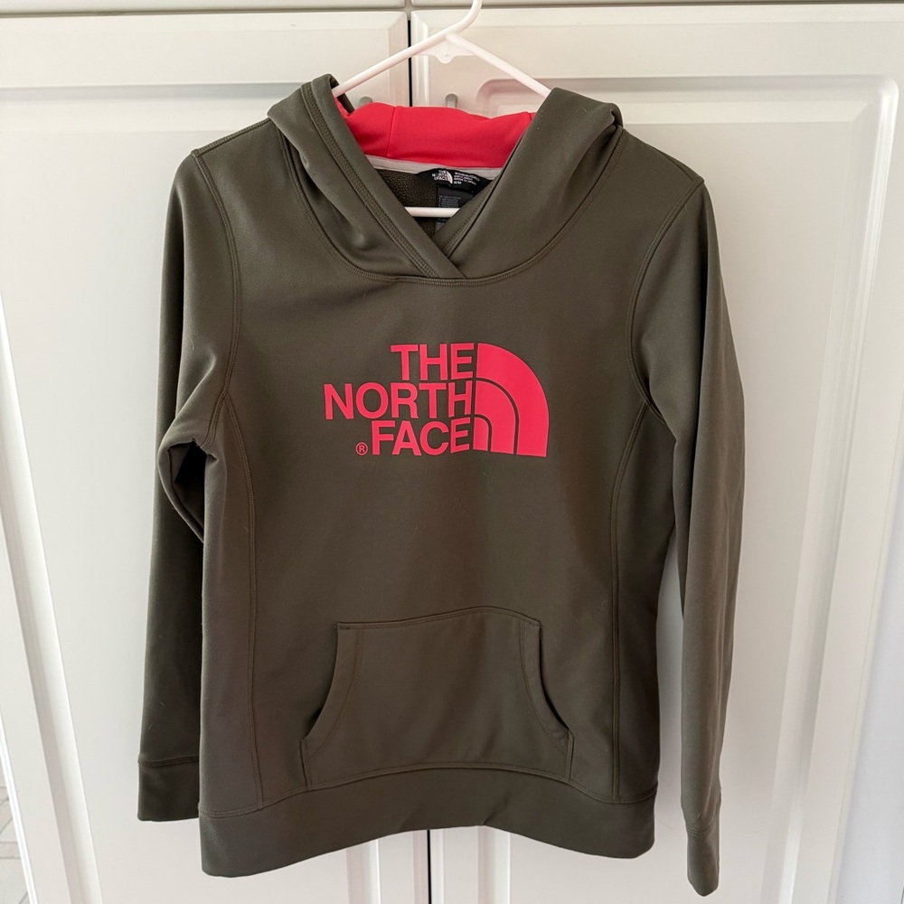 The North Face Olive Green Hoodie with Pink Logo